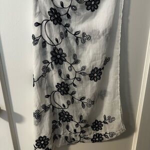 White scarf with Black Floral Embroidery